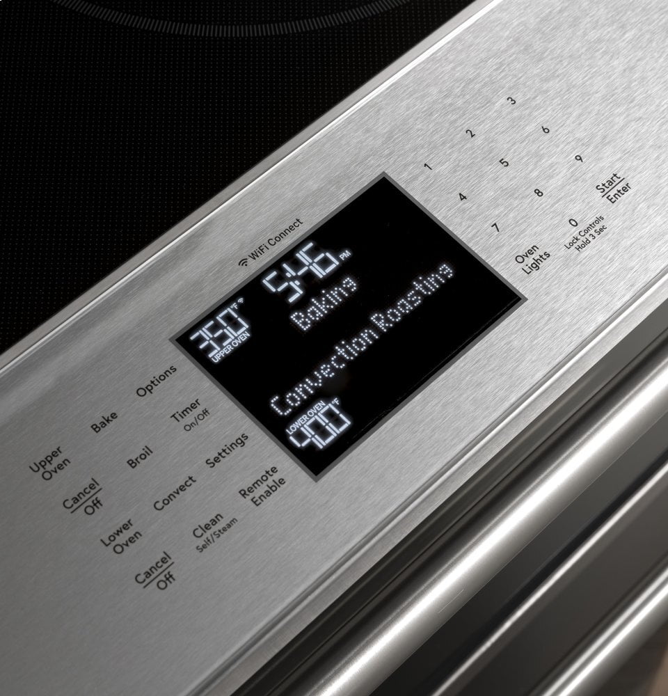 Cafe CES750M2NS5 Café 30" Smart Slide-In, Front-Control, Radiant And Convection Double-Oven Range In Black
