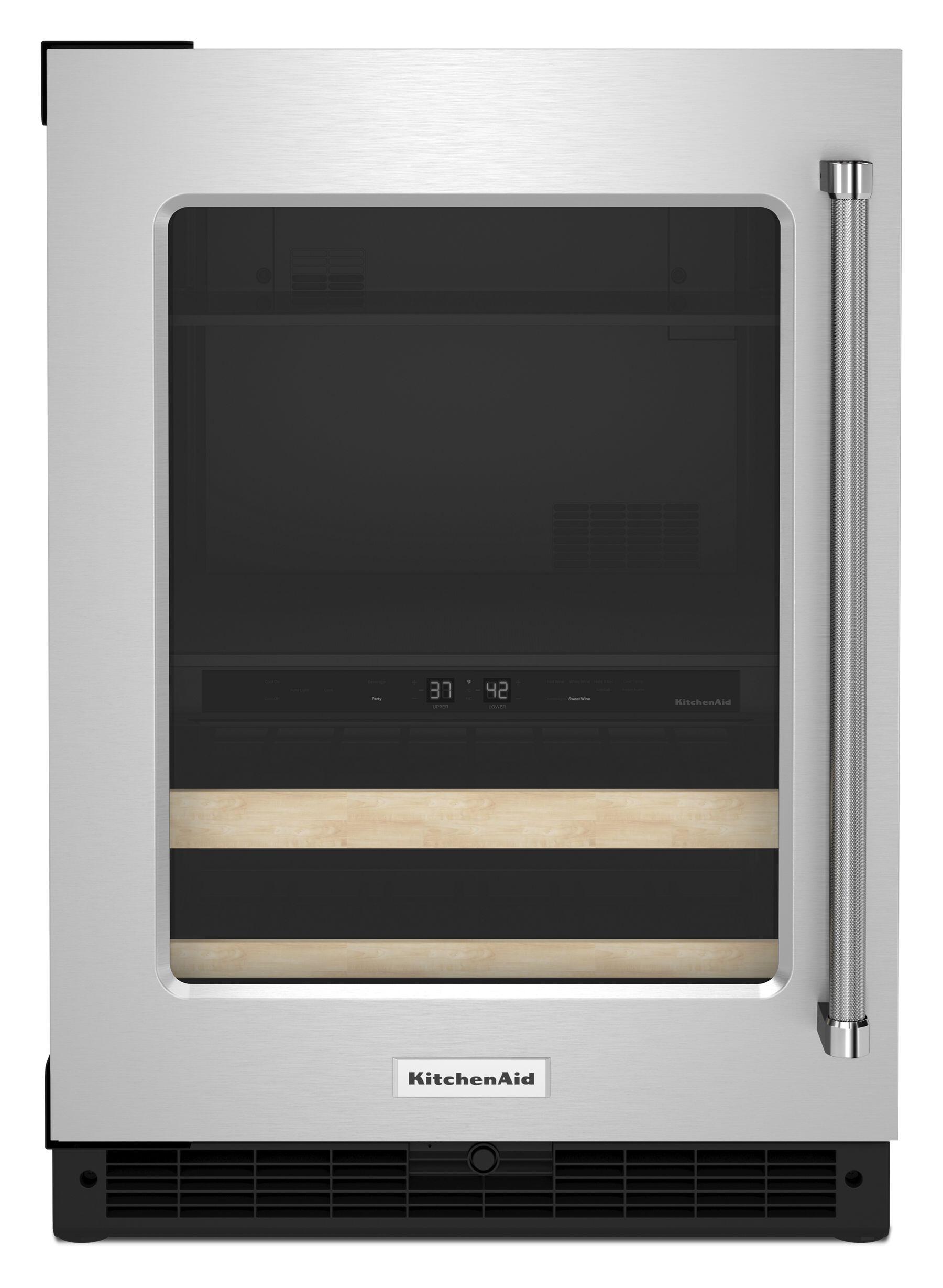 Kitchenaid KUBL214KSB 24" Beverage Center With Glass Door And Wood-Front Racks - Black Cabinet/Stainless Doors