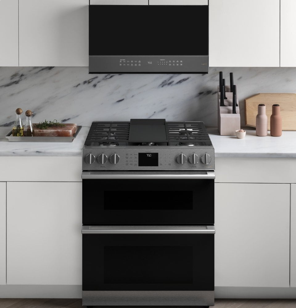 Cafe CGS750M2NS5 Café 30" Smart Slide-In, Front-Control, Gas Double-Oven Range With Convection In Platinum Glass