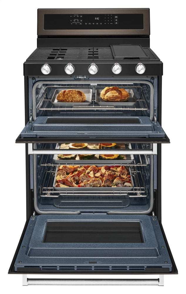 Kitchenaid KFGD500EBS 30-Inch 5 Burner Gas Double Oven Convection Range - Black Stainless Steel With Printshield™ Finish