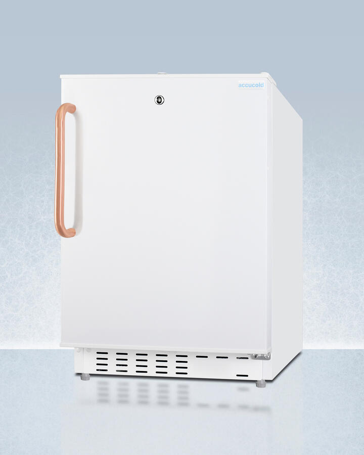 Summit ADA302RFZTBC Built-In Undercounter, Ada Compliant Refrigerator-Freezer In White, Designed For General Purpose Storage, With Pure Copper Towel Bar Handle, Manual Defrost With Glass Shelves, Front Lock, And Door Storage