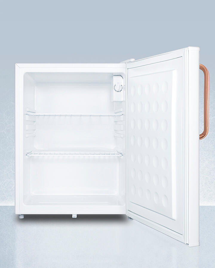 Summit FF28LWHTBC Compact All-Refrigerator With Automatic Defrost, Pure Copper Handle, Front-Mounted Lock, And White Finish