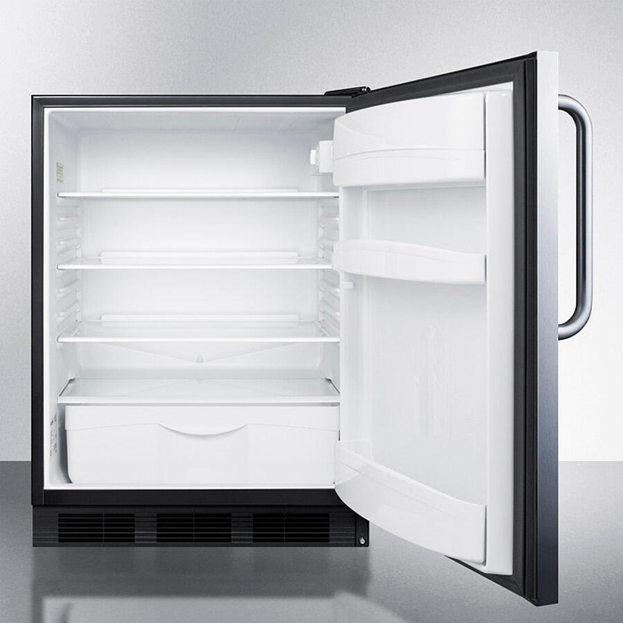 Summit FF6BKSSTB Freestanding Counter Height All-Refrigerator For General Purpose Use, Auto Defrost W/Stainless Steel Wrapped Door, Towel Bar Handle, And Black Cabinet