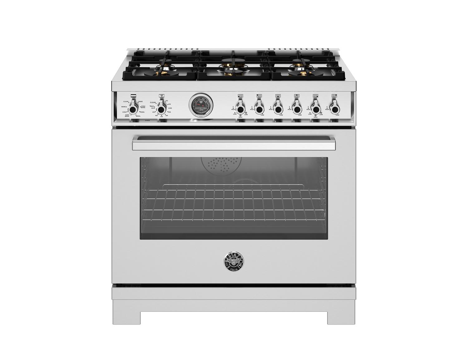 Bertazzoni PRO366BCFEPXT 36 Inch Dual Fuel Range, 6 Brass Burners And Cast Iron Griddle, Electric Self-Clean Oven Stainless Steel