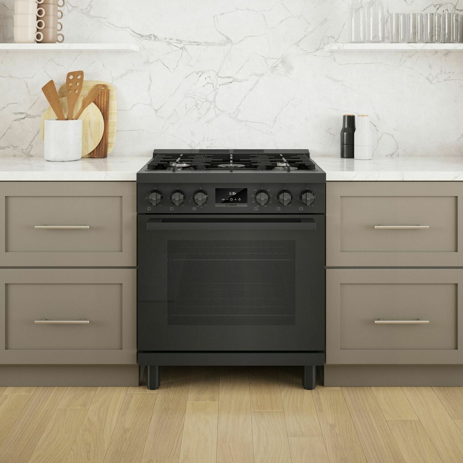 Bosch HDS8045U 800 Series Dual Fuel Freestanding Range 30'' Black Stainless Steel Hds8045U