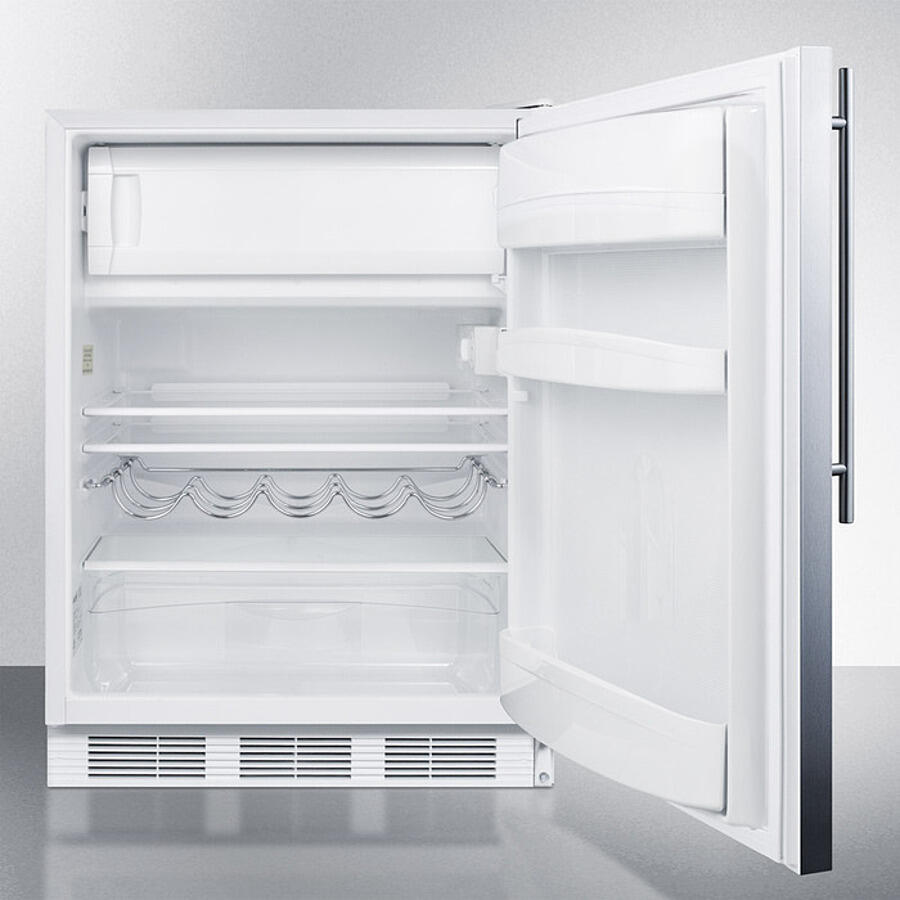 Summit CT661WBISSHV Built-In Undercounter Refrigerator-Freezer For Residential Use, Cycle Defrost W/Deluxe Interior, Stainless Steel Wrapped Door, Thin Handle, And White Cabinet