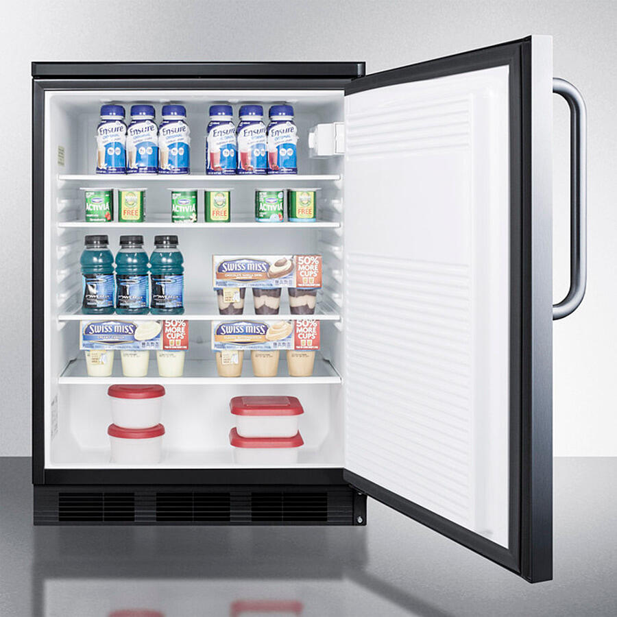 Summit FF7LBLKBISSTB Commercially Listed Built-In Undercounter All-Refrigerator For General Purpose Use, Auto Defrost W/Ss Wrapped Door, Towel Bar Handle, Lock, And Black Cabinet