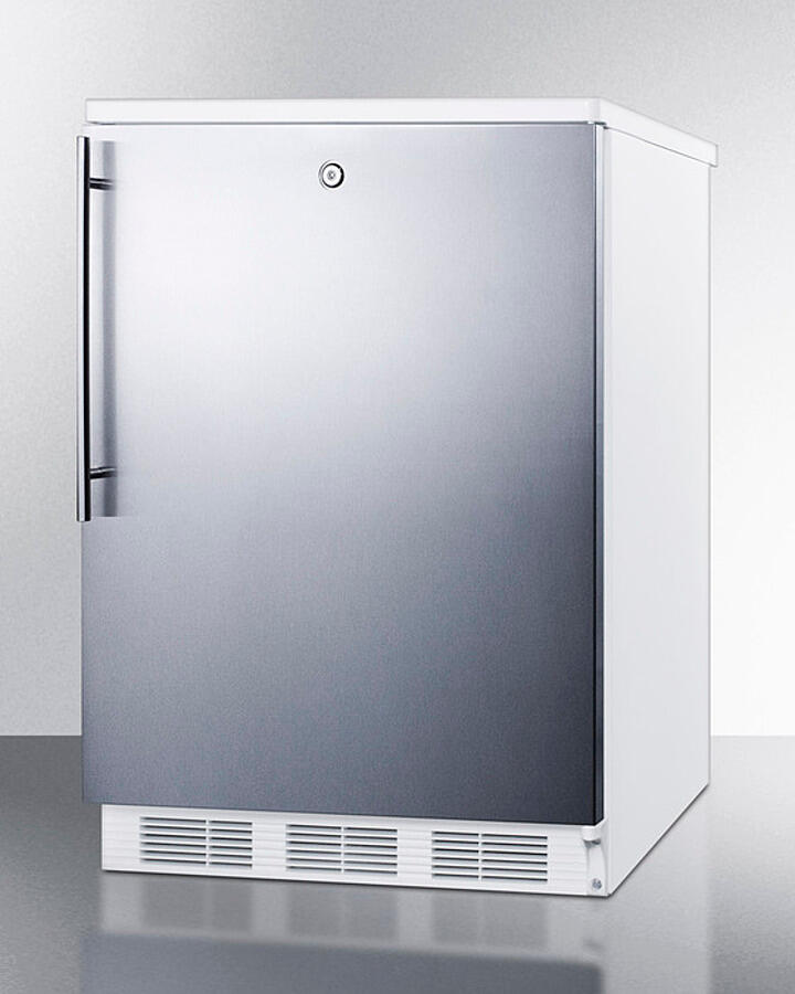 Summit FF7LWBISSHV Commercially Listed Built-In Undercounter All-Refrigerator For General Purpose Use, Auto Defrost W/Lock, Ss Door, Thin Handle, And White Cabinet
