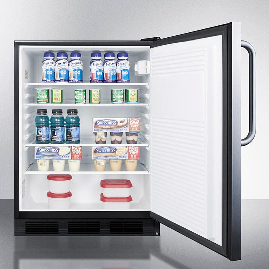 Summit FF7BKBISSTB Commercially Listed Built-In Undercounter All-Refrigerator For General Purpose Use, Auto Defrost W/Ss Wrapped Door, Towel Bar Handle, And Black Cabinet