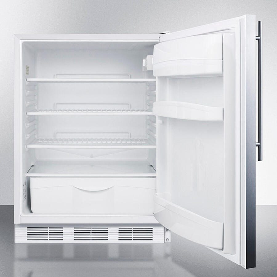 Summit FF6WBI7SSHVADA Ada Compliant Commercial All-Refrigerator For Built-In General Purpose Use, Auto Defrost W/Stainless Steel Wrapped Door, Thin Handle, And White Cabinet