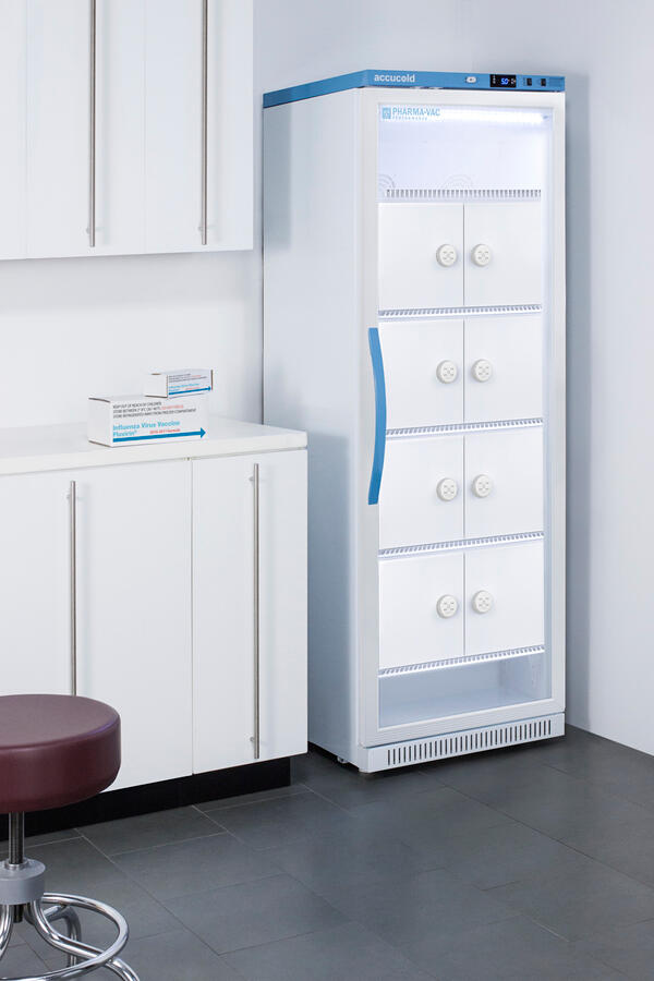 Summit ARG15PVLOCKER Performance Series Pharma-Vac 15 Cu.Ft. Upright Glass Door Commercial All-Refrigerator With Lockers For The Display And Refrigeration Of Vaccines, With Antimicrobial Silver-Ion Handle And Hospital Grade Cord With 'Green Dot' Plug