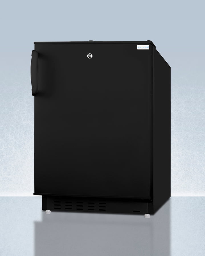 Summit ADA302BRFZ Built-In Undercounter, Ada Compliant Refrigerator-Freezer In Black, Designed For General Purpose Storage, Manual Defrost With Glass Shelves, Front Lock, And Door Storage