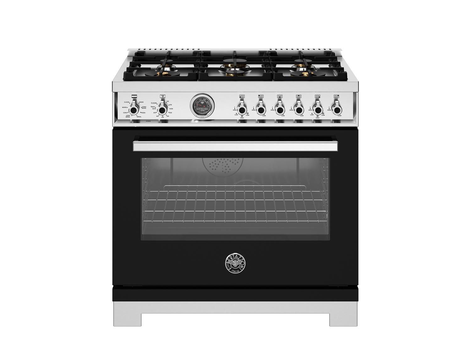 Bertazzoni PRO366BCFEPNET 36 Inch Dual Fuel Range, 6 Brass Burners And Cast Iron Griddle, Electric Self-Clean Oven Nero