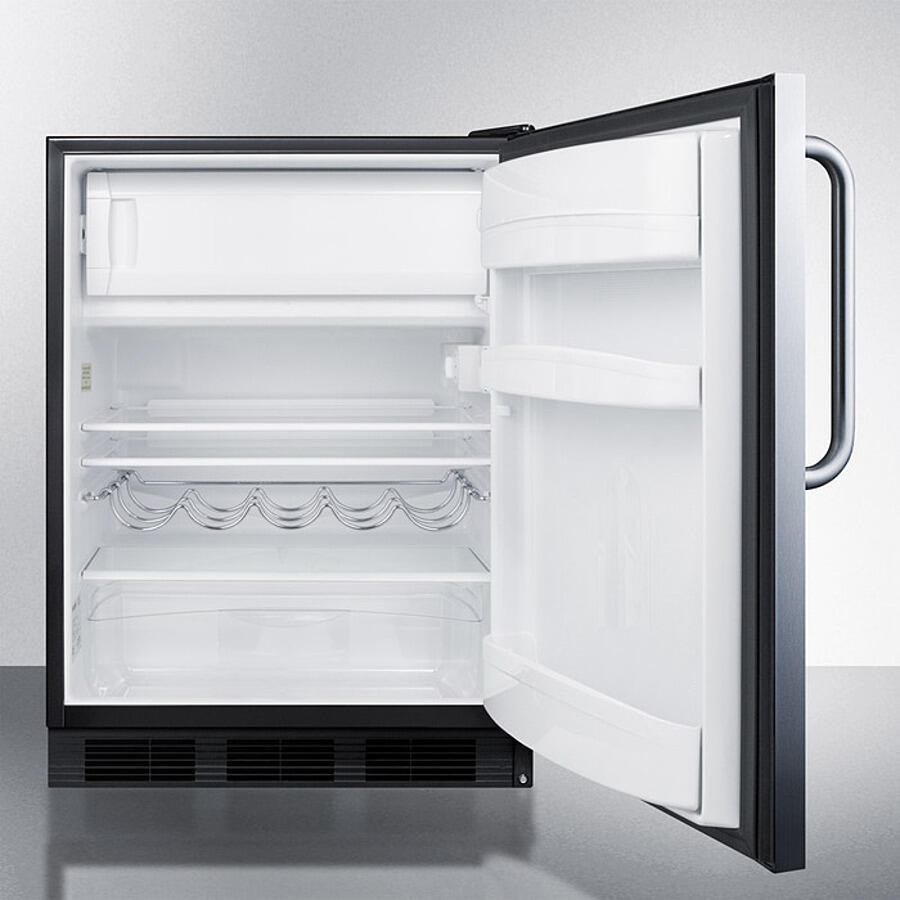 Summit CT663BKSSTB Freestanding Counter Height Refrigerator-Freezer For Residential Use, Cycle Defrost With A Stainless Steel Wrapped Door, Towel Bar Handle, And Black Cabinet