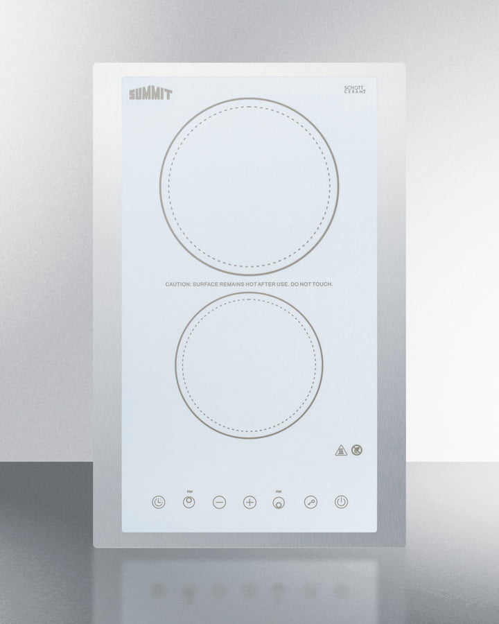 Summit CR2B23T4WTK15 230V 2-Burner Cooktop In White Ceramic Schott Glass With Digital Touch Controls And Stainless Steel Frame To Allow Installation In 15" Counter Cutouts, 3000W