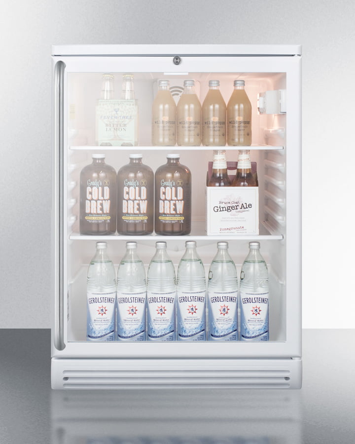 Summit SCR600GLBISH Commercially Listed 5.5 Cu.Ft. Built-In Undercounter Beverage Center In A 24" Footprint, With White Cabinet, Glass Door, Full-Length Towel Bar Handle, And Lock