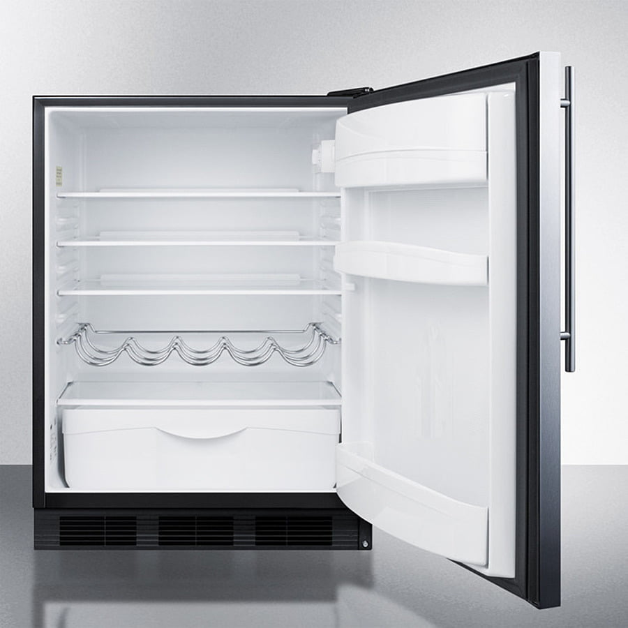 Summit FF63BKBISSHVADA Ada Compliant Built-In Undercounter All-Refrigerator For Residential Use, Auto Defrost With Stainless Steel Wrapped Door, Thin Handle, And Black Cabinet