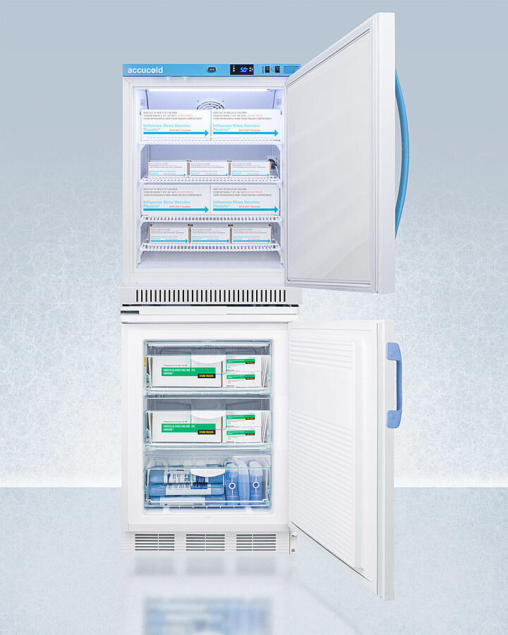 Summit ARS6PVVT65MLSTACKMED2 Stacked Combination Of Ars6Pv All-Refrigerator With Antimicrobial Silver-Ion Handle And Hospital Grade Cord With 'Green Dot' Plug And Vt65Mlbimed2 Manual Defrost All-Freezer For Vaccine Storage