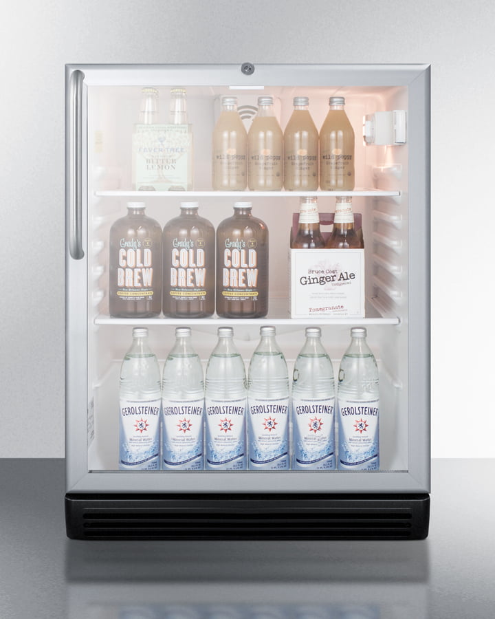 Summit SCR600BGLTBADA Commercially Listed Ada Compliant 5.5 Cu.Ft. Freestanding Beverage Center In A 24" Footprint, With Black Cabinet, Glass Door, Towel Bar Handle, And Lock