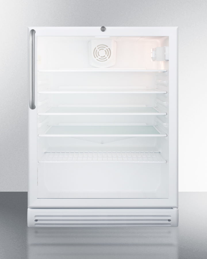 Summit SCR600GLBITBADA Commercially Listed Ada Compliant Built-In Undercounter Beverage Center With White Cabinet, Glass Door, Stainless Steel Towel Bar Handle, And Lock