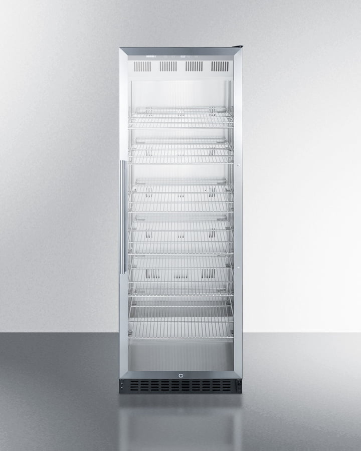 Summit SCR1401 Full-Size Commercial Beverage Merchandiser Designed For The Display And Refrigeration Of Beverages And Sealed Food, With Stainless Steel Interior, Self-Closing Glass Door, And Black Cabinet