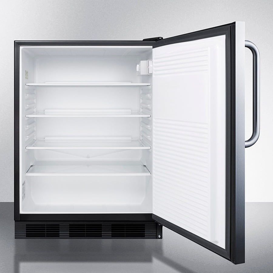 Summit FF7BKSSTB Commercially Listed Freestanding All-Refrigerator For General Purpose Use, Auto Defrost W/Ss Wrapped Door, Towel Bar Handle, And Black Cabinet
