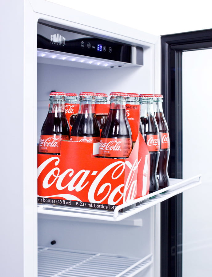 Summit SCR1006 9 Cu.Ft. Commercial Glass Door Beverage Merchandiser Designed For The Display And Refrigeration Of Beverages And Sealed Food, With Digital Controls, Led Lighting, Full Interior Display, And A White Cabinet
