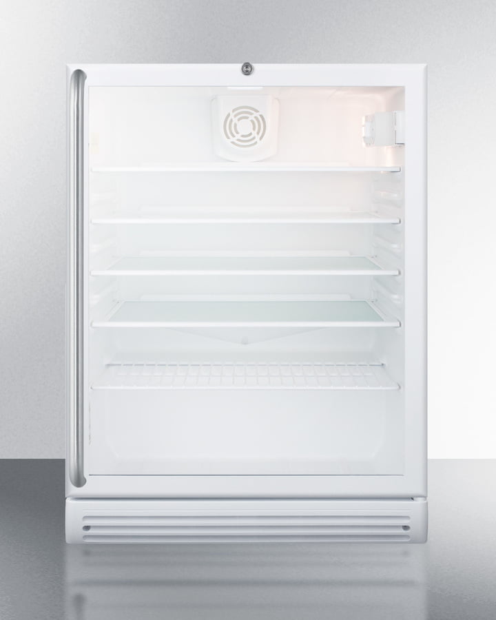 Summit SCR600GLBISHADA Commercially Listed Ada Compliant Built-In Undercounter Beverage Center With White Cabinet, Glass Door, Full-Length Stainless Steel Towel Bar Handle, And Lock