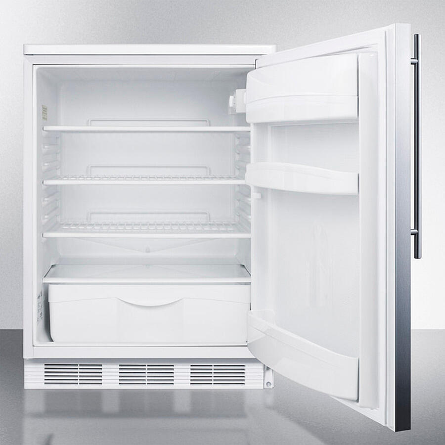 Summit FF6WSSHV Freestanding Counter Height All-Refrigerator For General Purpose Use, Auto Defrost W/Stainless Steel Wrapped Door, Thin Handle, And White Cabinet