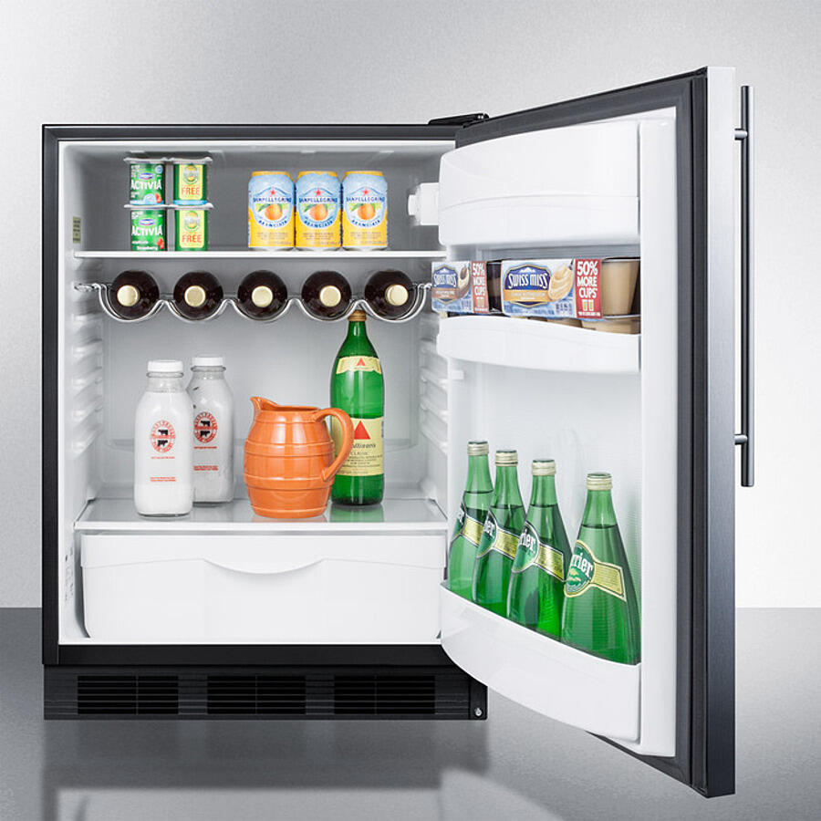 Summit FF63BKBISSHVADA Ada Compliant Built-In Undercounter All-Refrigerator For Residential Use, Auto Defrost With Stainless Steel Wrapped Door, Thin Handle, And Black Cabinet