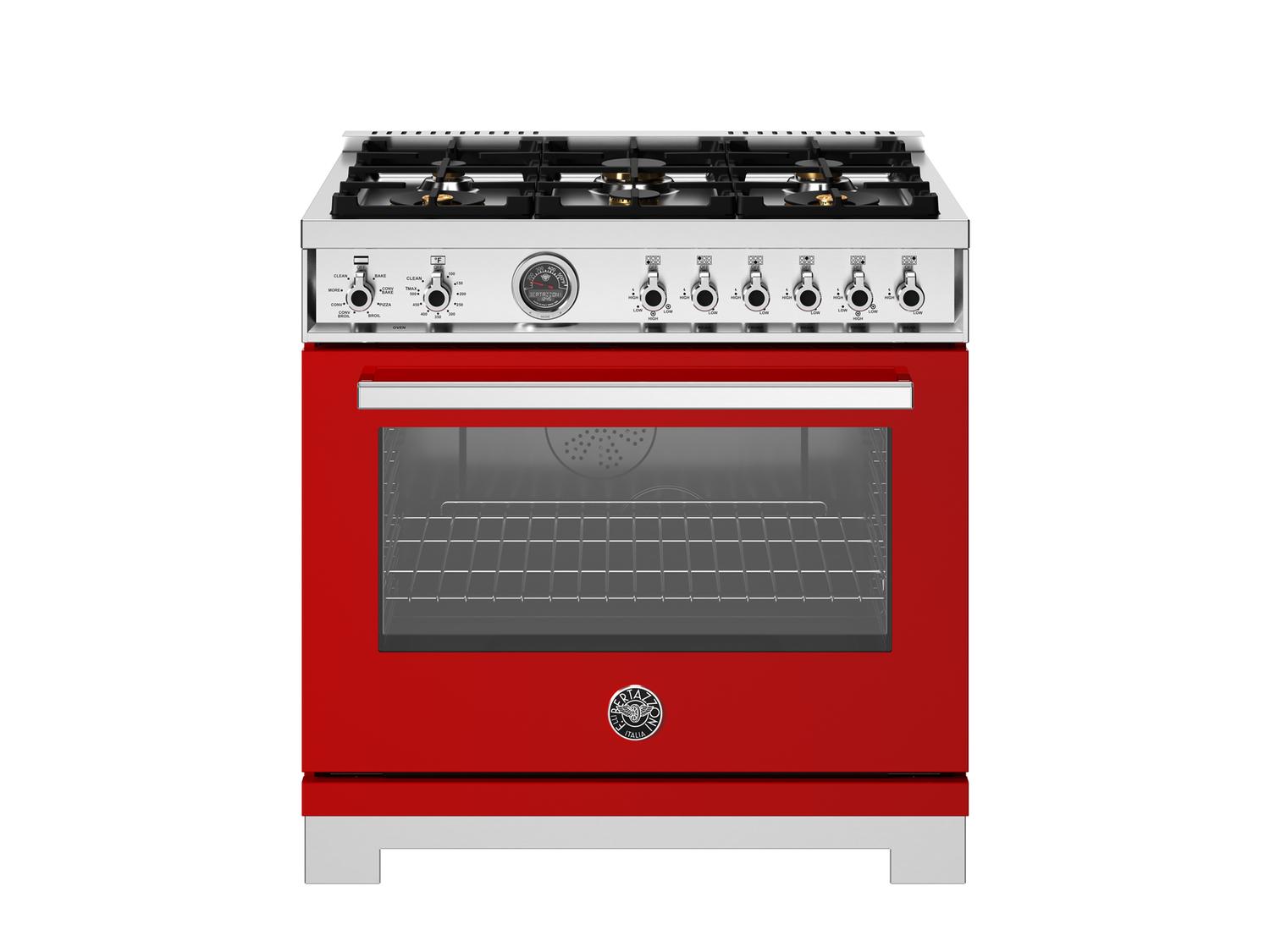Bertazzoni PRO366BCFEPROT 36 Inch Dual Fuel Range, 6 Brass Burners And Cast Iron Griddle, Electric Self-Clean Oven Rosso