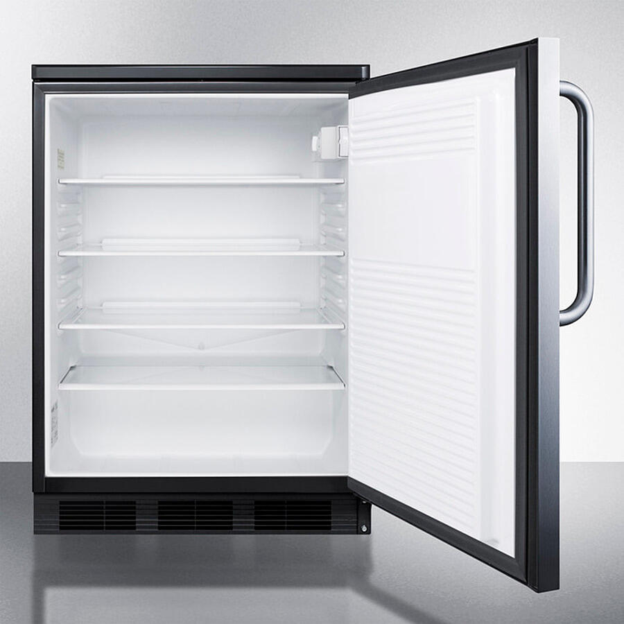 Summit FF7LBLKBISSTB Commercially Listed Built-In Undercounter All-Refrigerator For General Purpose Use, Auto Defrost W/Ss Wrapped Door, Towel Bar Handle, Lock, And Black Cabinet