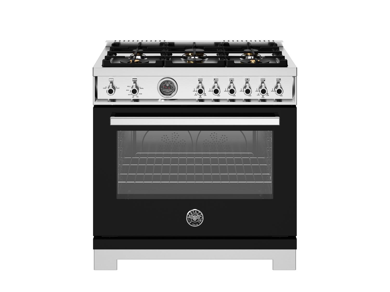 Bertazzoni PRO366BCFGMNET 36 Inch All Gas Range, 6 Brass Burners And Cast Iron Griddle Nero