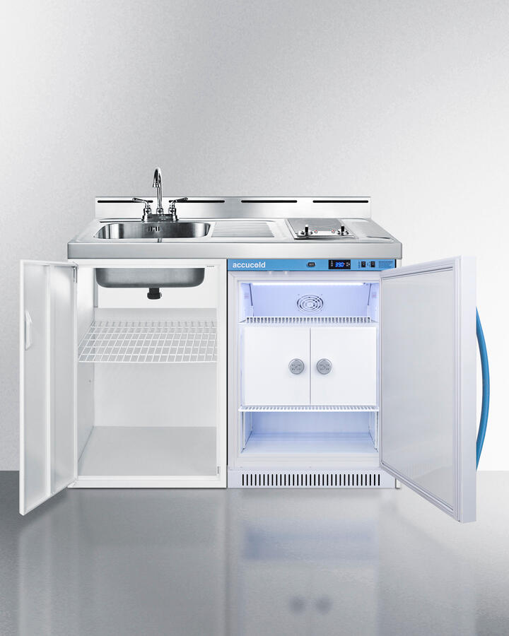 Summit C48ELMCLK 48" Wide All-In-One Kitchenette With A Smooth Glass Cooktop, Momcube Breast Milk Refrigerator With Interior Lockers, Sink With Faucet, And Storage Cabinet