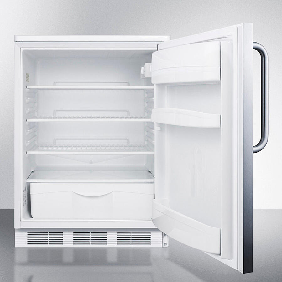 Summit FF6LWBI7SSTB Commercially Listed Built-In Undercounter All-Refrigerator For General Purpose Use, Auto Defrost W/Lock, Ss Wrapped Door, Towel Bar Handle, And White Cabinet