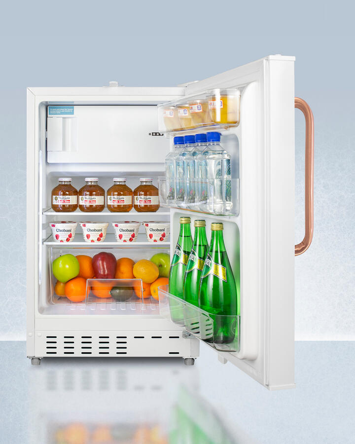 Summit ADA302RFZTBC Built-In Undercounter, Ada Compliant Refrigerator-Freezer In White, Designed For General Purpose Storage, With Pure Copper Towel Bar Handle, Manual Defrost With Glass Shelves, Front Lock, And Door Storage