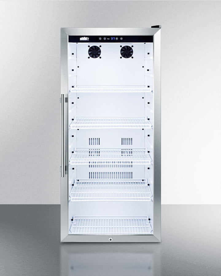 Summit SCR1006 9 Cu.Ft. Commercial Glass Door Beverage Merchandiser Designed For The Display And Refrigeration Of Beverages And Sealed Food, With Digital Controls, Led Lighting, Full Interior Display, And A White Cabinet