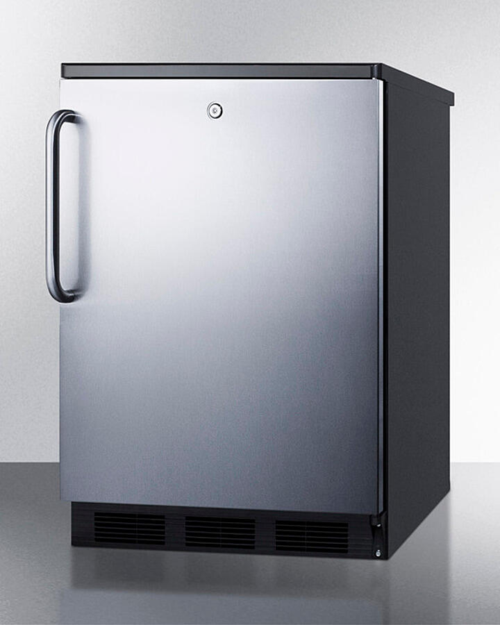 Summit FF7LBLKBISSTB Commercially Listed Built-In Undercounter All-Refrigerator For General Purpose Use, Auto Defrost W/Ss Wrapped Door, Towel Bar Handle, Lock, And Black Cabinet