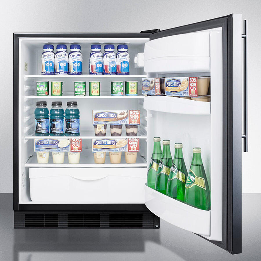 Summit FF6BK7SSHV Commercially Listed Freestanding All-Refrigerator For General Purpose Use, Auto Defrost W/Stainless Steel Wrapped Door, Thin Handle, And Black Cabinet