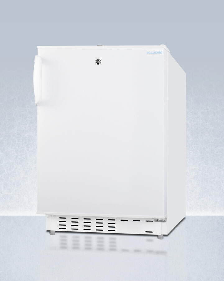 Summit ADA302RFZ Built-In Undercounter, Ada Compliant Refrigerator-Freezer In White, Designed For General Purpose Storage, Manual Defrost With Glass Shelves, Front Lock, And Door Storage