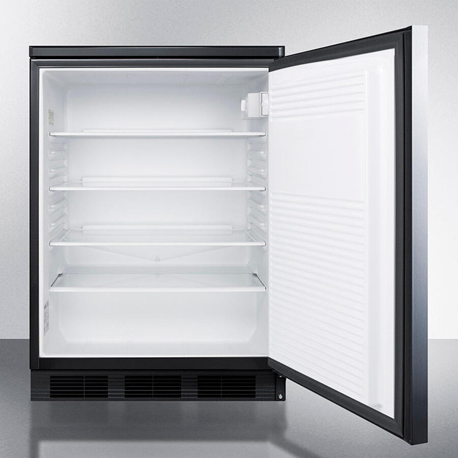 Summit FF7LBLKSSHH Commercially Listed Freestanding All-Refrigerator For General Purpose Use, Auto Defrost W/Ss Wrapped Door, Horizontal Handle, Lock, And Black Cabinet