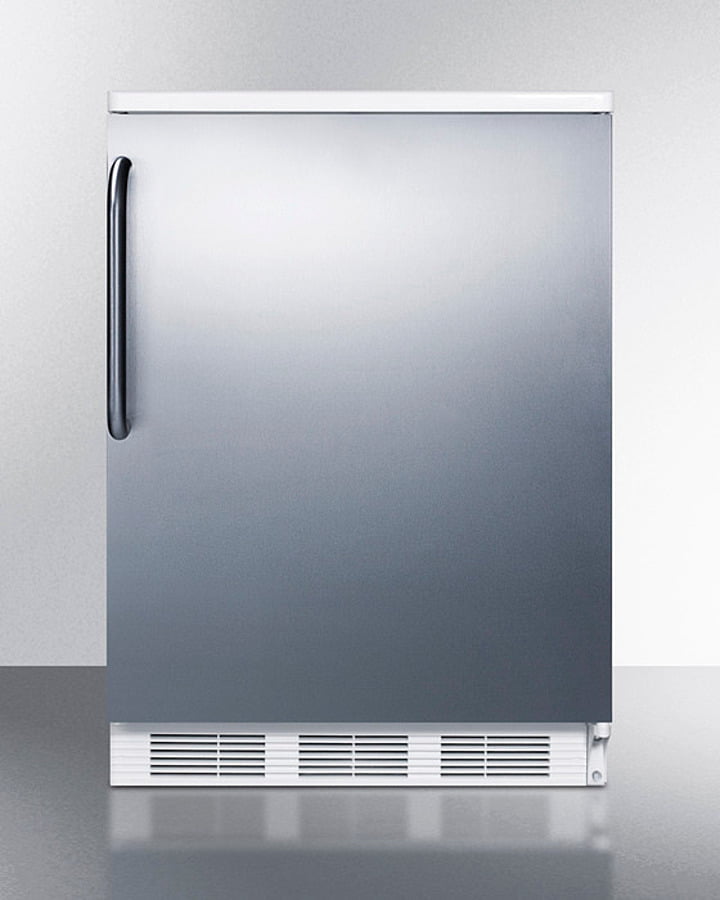 Summit FF6WSSTB Freestanding Counter Height All-Refrigerator For General Purpose Use, Auto Defrost W/Stainless Steel Wrapped Door, Towel Bar Handle, And White Cabinet