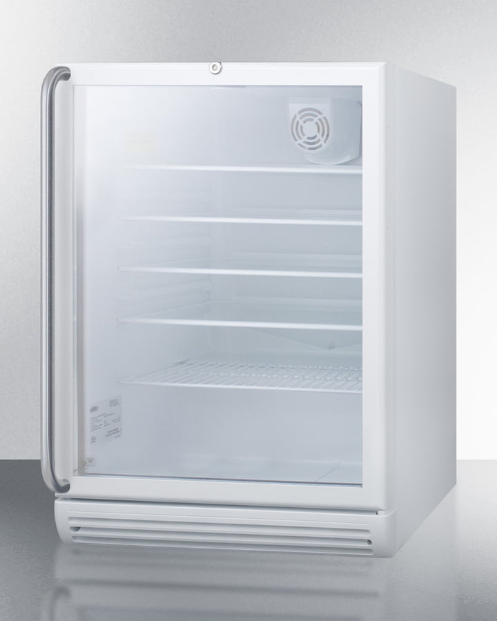 Summit SCR600GLBISHADA Commercially Listed Ada Compliant Built-In Undercounter Beverage Center With White Cabinet, Glass Door, Full-Length Stainless Steel Towel Bar Handle, And Lock