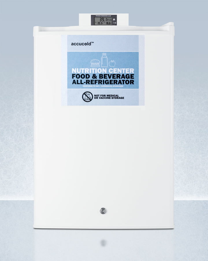 Summit FF31L7NZ Compact Commercially Approved Nutrition Center Series All-Refrigerator In White With Front Lock And Digital Temperature Display