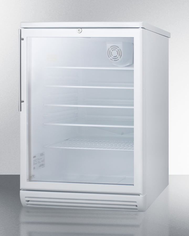 Summit SCR600GLBIHV Commercially Listed 5.5 Cu.Ft. Built-In Undercounter Beverage Center In A 24" Footprint, With White Cabinet, Glass Door, Stainless Steel Handle, And Lock