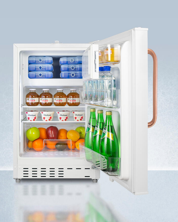 Summit ADA302RFZTBC Built-In Undercounter, Ada Compliant Refrigerator-Freezer In White, Designed For General Purpose Storage, With Pure Copper Towel Bar Handle, Manual Defrost With Glass Shelves, Front Lock, And Door Storage