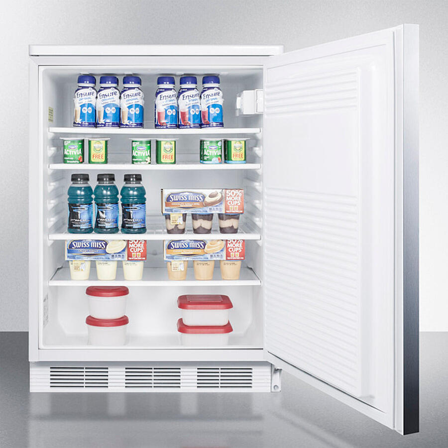 Summit FF7LWSSHH Commercially Listed Freestanding All-Refrigerator For General Purpose Use, Auto Defrost W/Lock, Ss Wrapped Door, Horizontal Handle, And White Cabinet