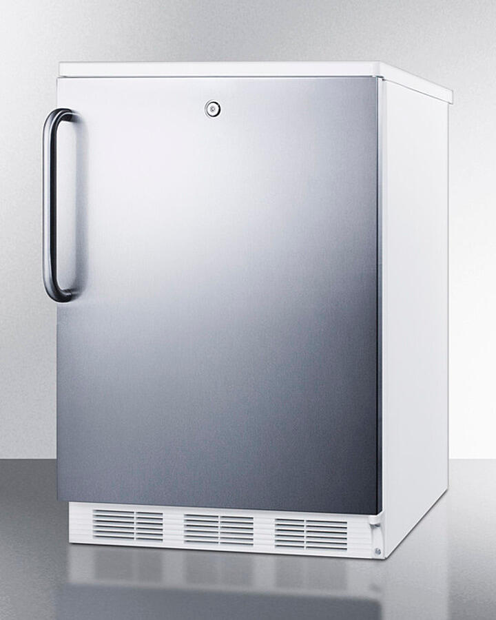 Summit FF7LWSSTB Commercially Listed Freestanding All-Refrigerator For General Purpose Use, Auto Defrost W/Lock, Ss Wrapped Door, Towel Bar Handle, And White Cabinet