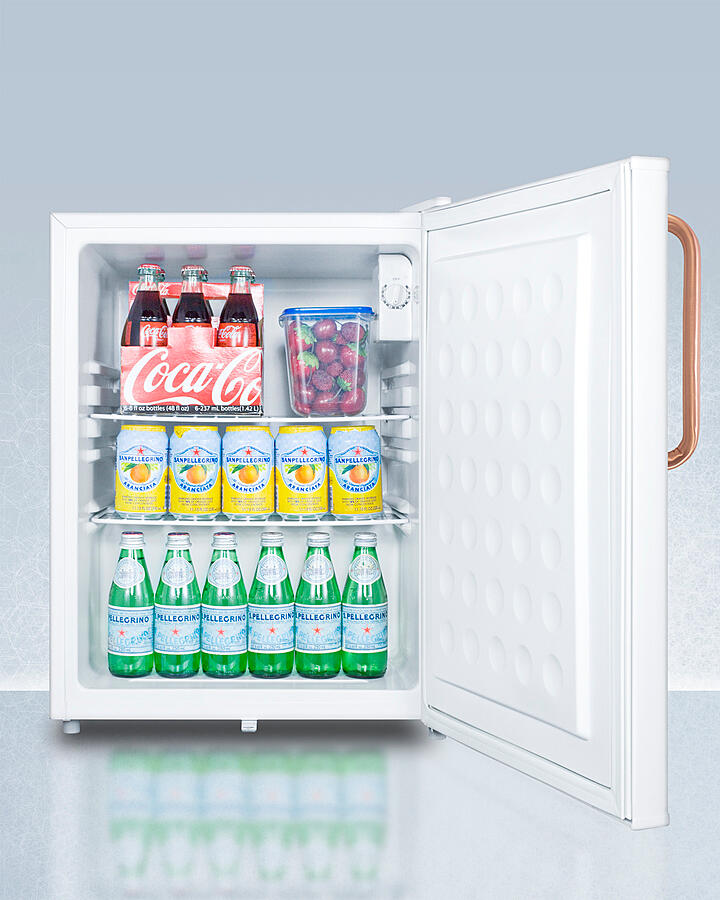 Summit FF28LWHTBC Compact All-Refrigerator With Automatic Defrost, Pure Copper Handle, Front-Mounted Lock, And White Finish