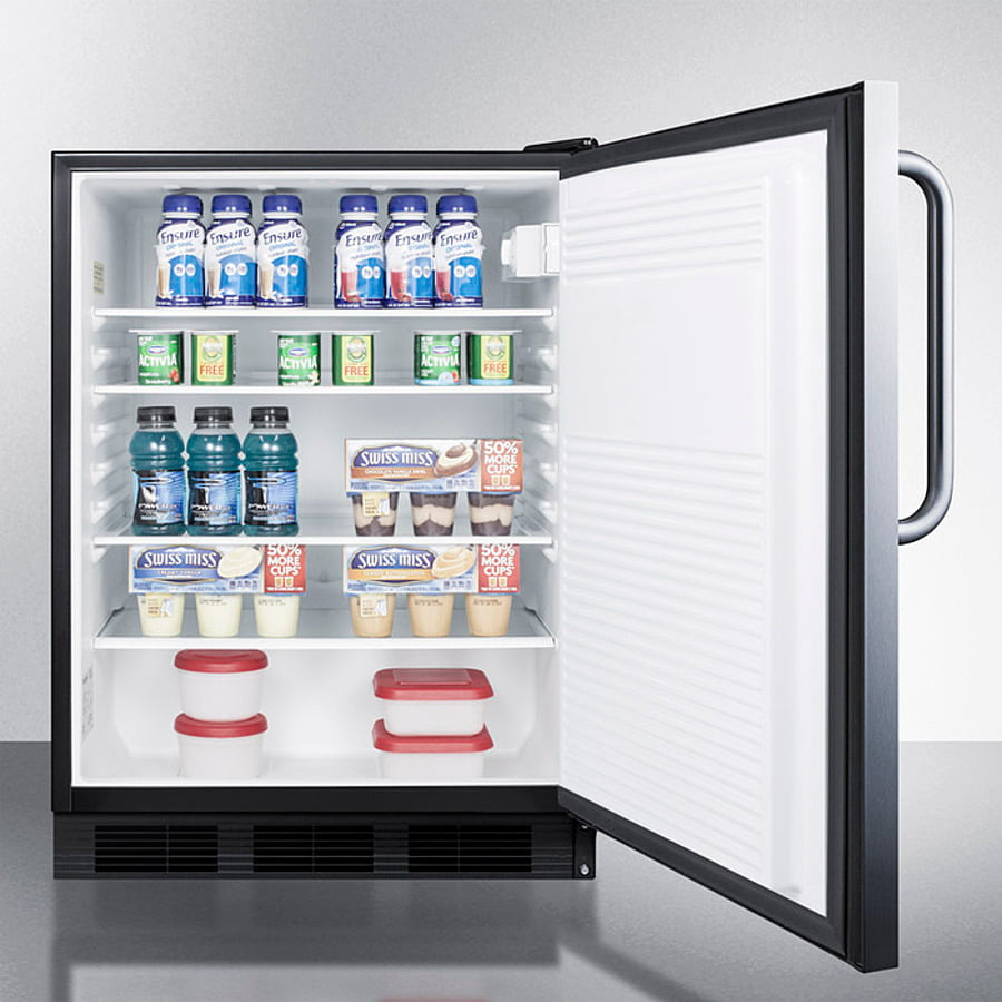 Summit FF7BKSSTB Commercially Listed Freestanding All-Refrigerator For General Purpose Use, Auto Defrost W/Ss Wrapped Door, Towel Bar Handle, And Black Cabinet